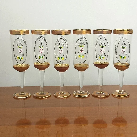 Vintage bohemian hand painted enamel floral champagne flutes set of 6 - Picture 3 of 6